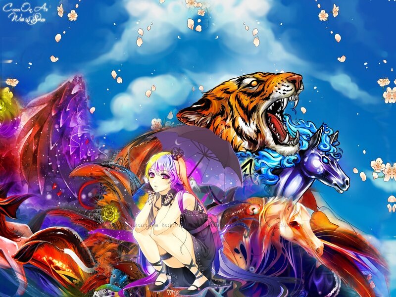 Anime girl with tiger and horses