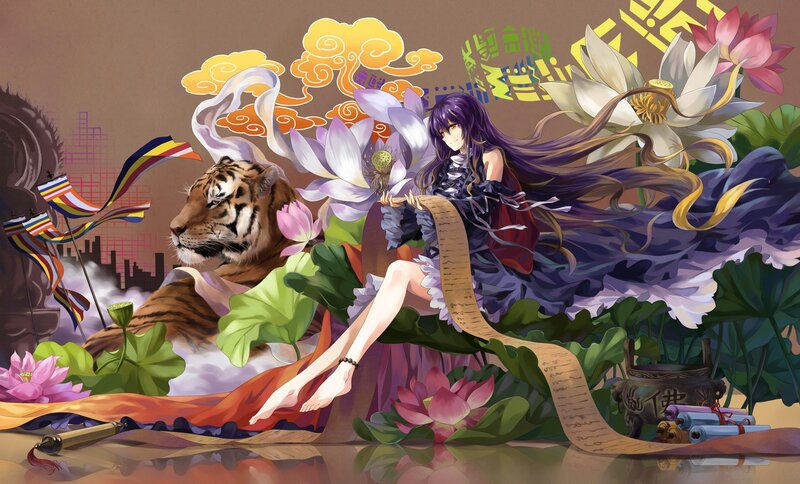 Anime girl with tiger and lotus