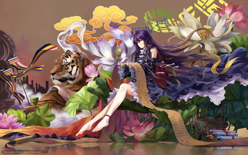 Anime girl with tiger and lotus