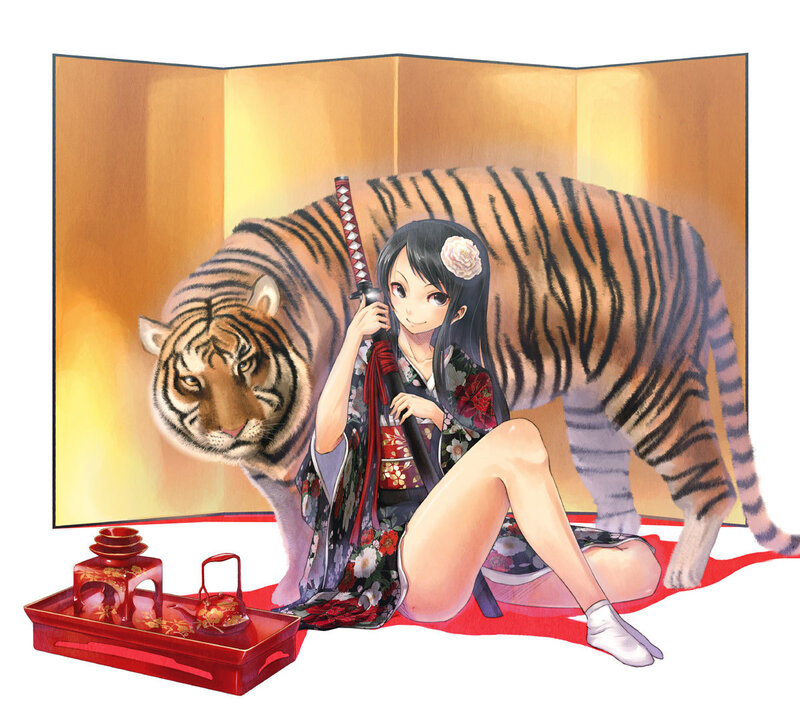 Anime girl with tiger and tea set