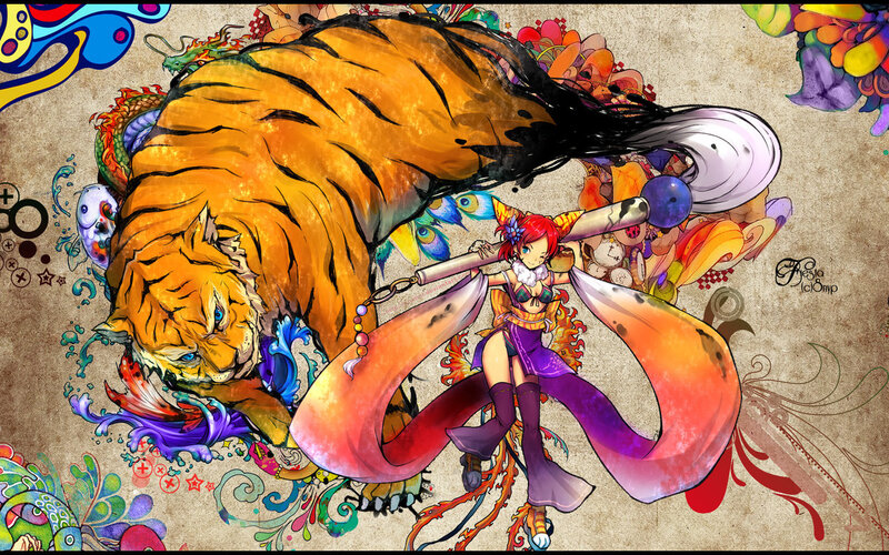 Anime girl with tiger and weapon