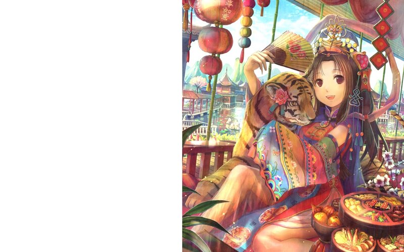 Anime girl with tiger at festival