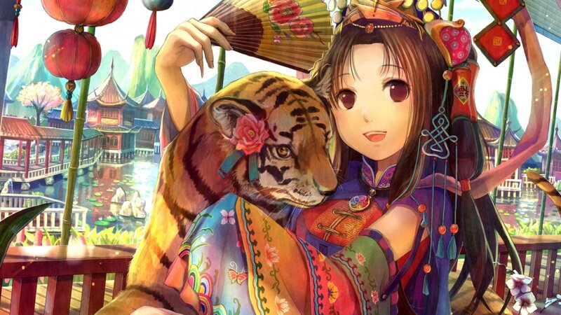 Anime Girl with Tiger Cub — Purple