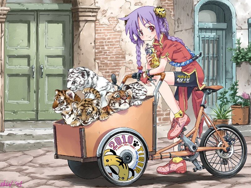 Anime Girl with Tiger Cubs — Purple