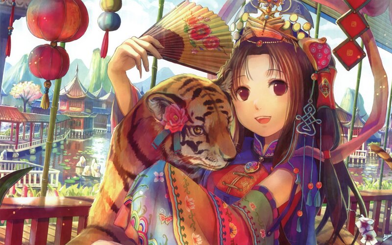 Anime girl with tiger in garden