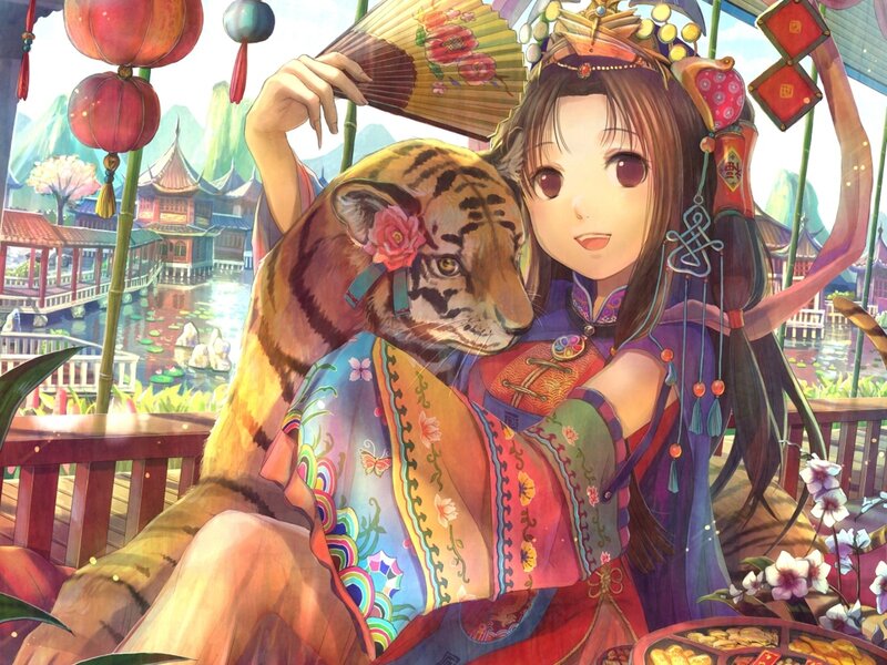 Anime girl with tiger in garden