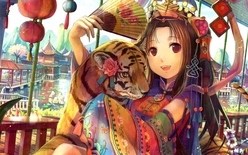 Anime girl with tiger in garden
