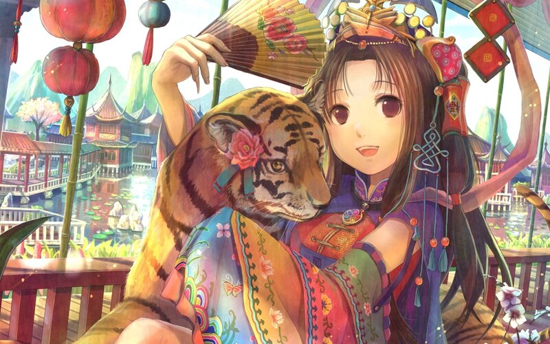 Anime girl with tiger in garden