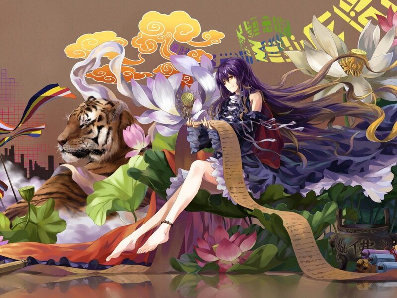 Anime Girl with Tiger — Purple, Serene