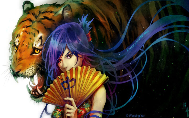 Anime Girl with Tiger — Purple