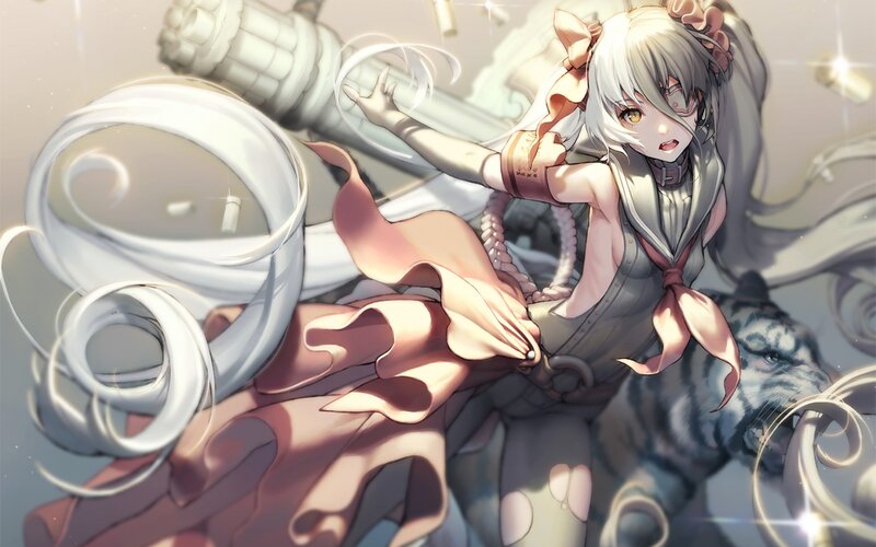 Anime Girl with Tiger — White, Dramatic