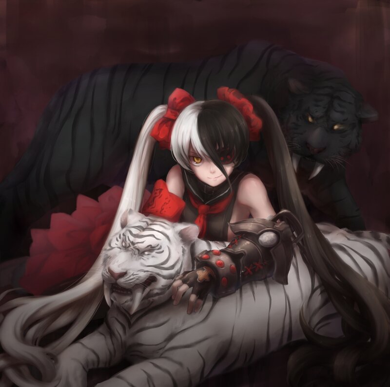 Anime Girl with Tigers — Black