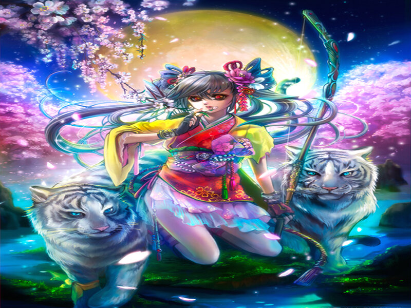 Anime Girl with Tigers — Purple
