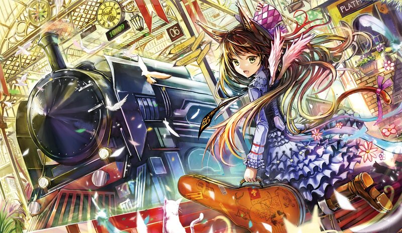 anime girl with train and guitar