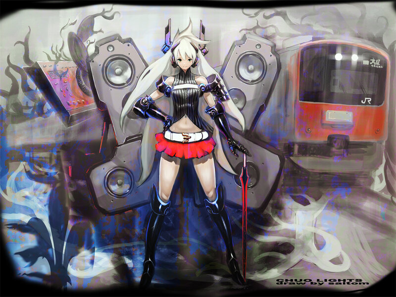 anime girl with train and speakers