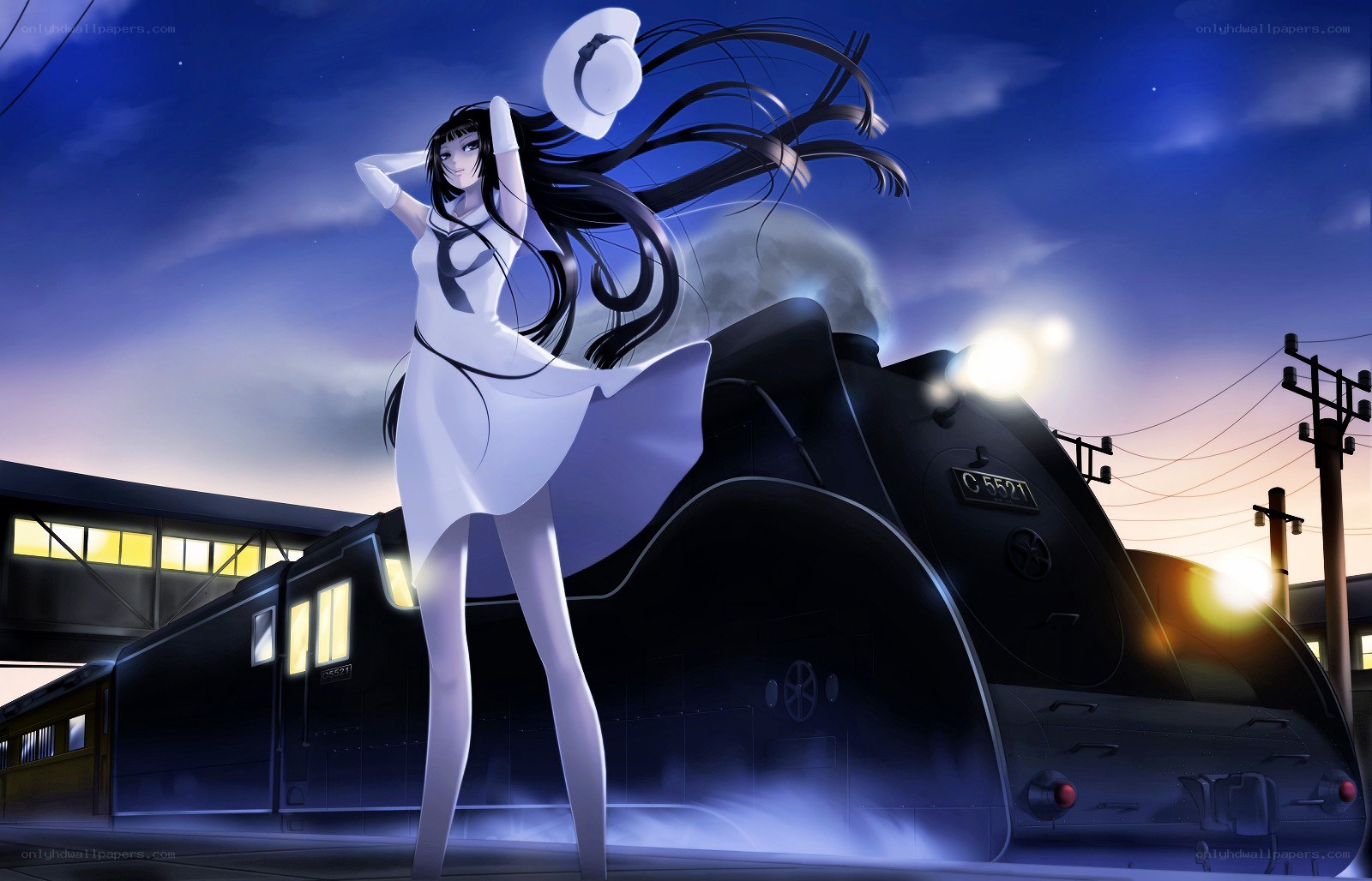 Anime girl with train at night