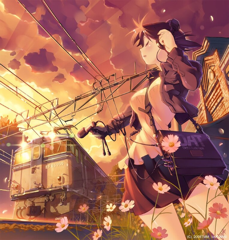 Anime girl with train at sunset