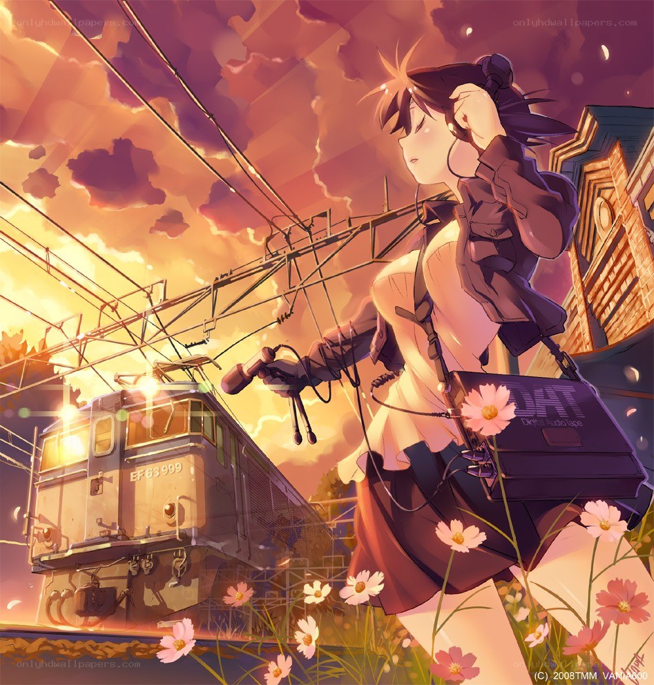Anime girl with train at sunset