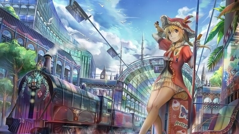 Anime Girl with Train — Blue, Bright, Cheerful