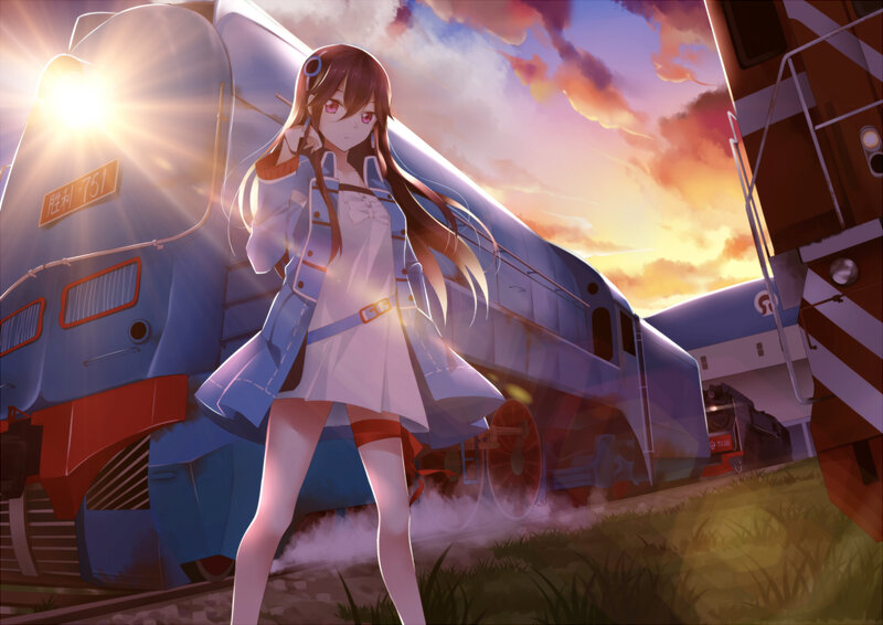 Anime Girl with Train — Blue, Dramatic, Sunrise