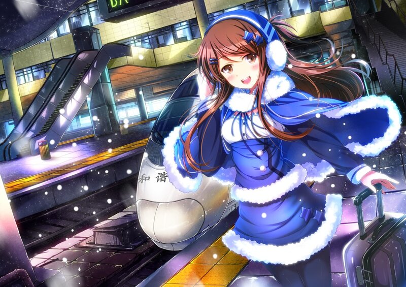 Anime Girl with Train — Blue, Festive