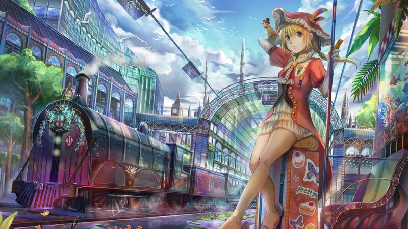 Anime girl with train in city