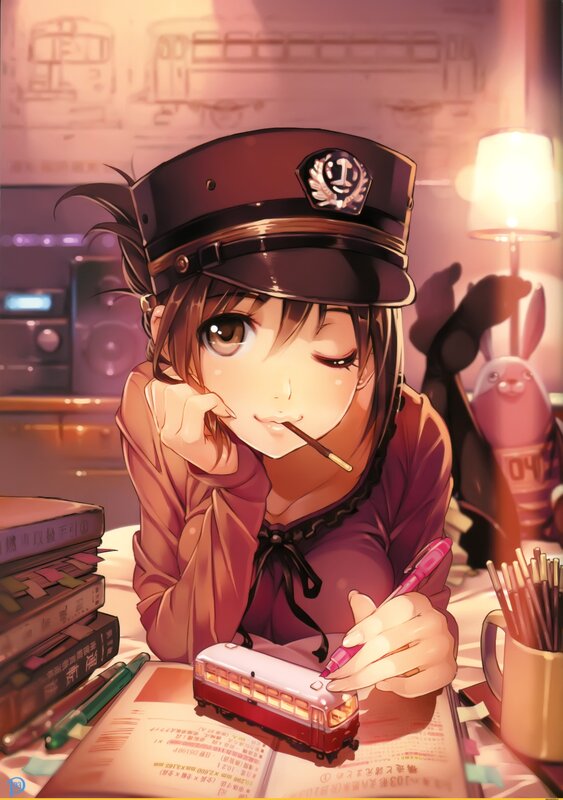 Anime Girl with Train Model — Purple