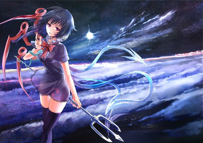 Anime Girl with Trident — Purple, Dramatic, Night, Ribbon