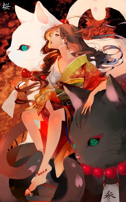 Anime girl with two cats