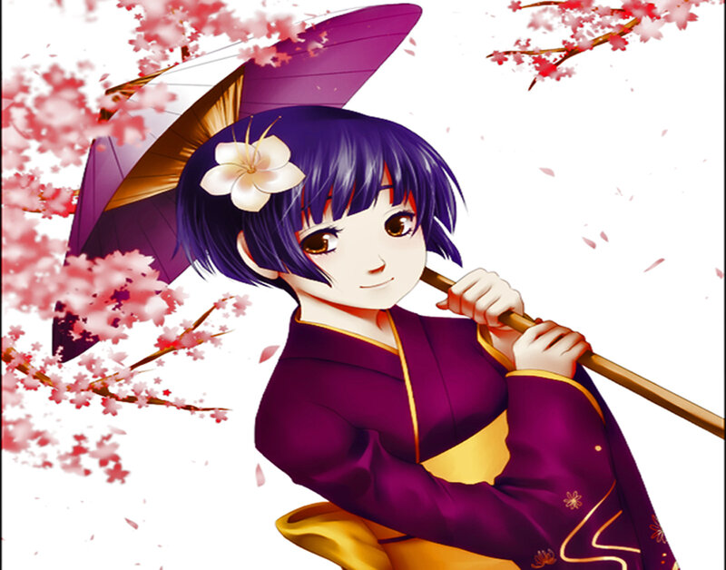 anime girl with umbrella and cherry blossoms
