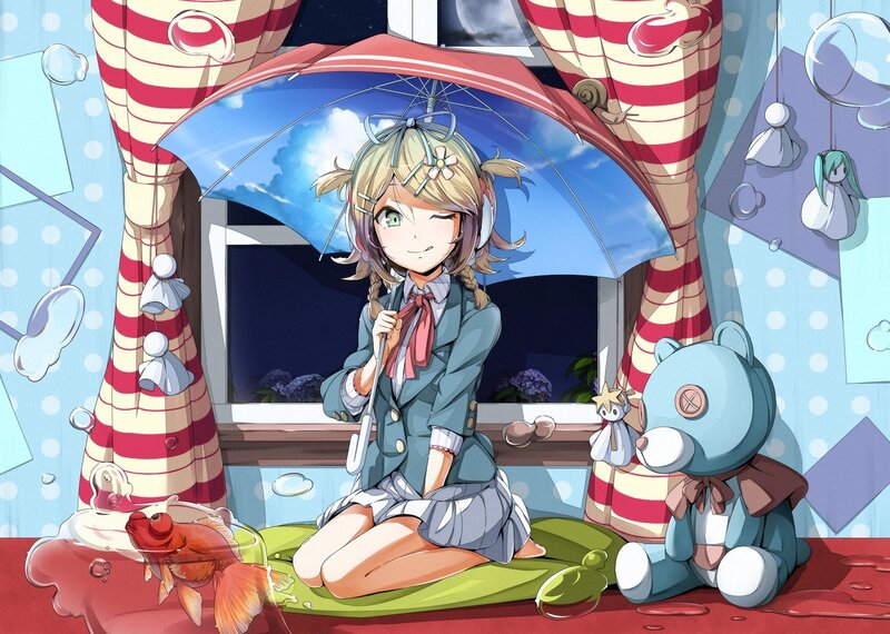 Anime girl with umbrella and fish