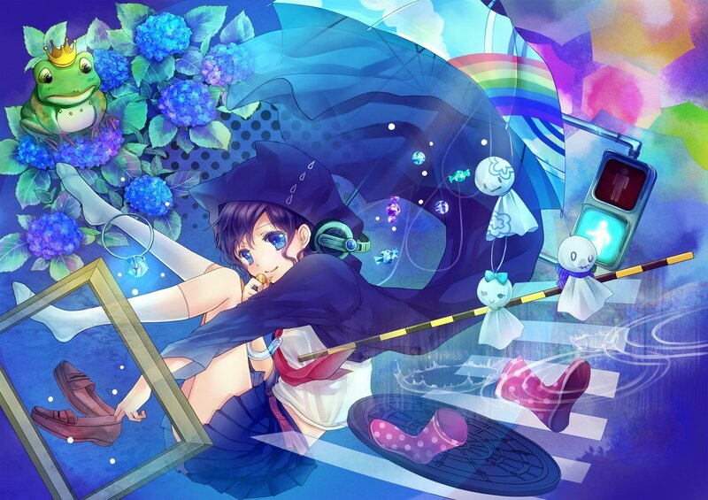 Anime girl with umbrella and frog