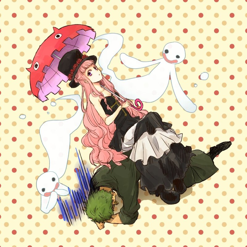 anime girl with umbrella and ghosts