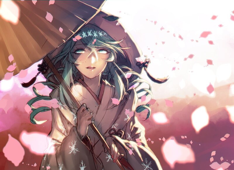 anime girl with umbrella and petals