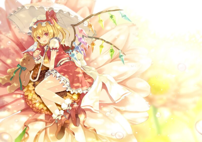 Anime girl with umbrella and teddy bear