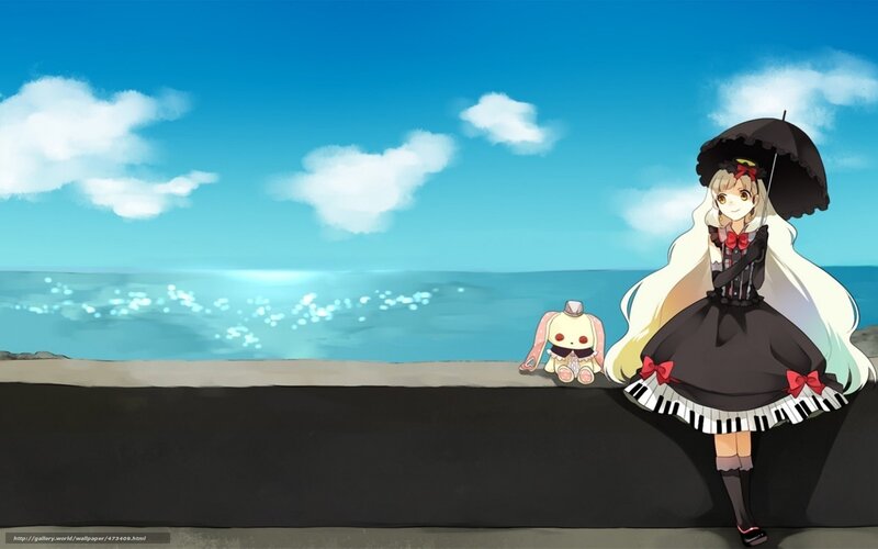 Anime girl with umbrella at beach