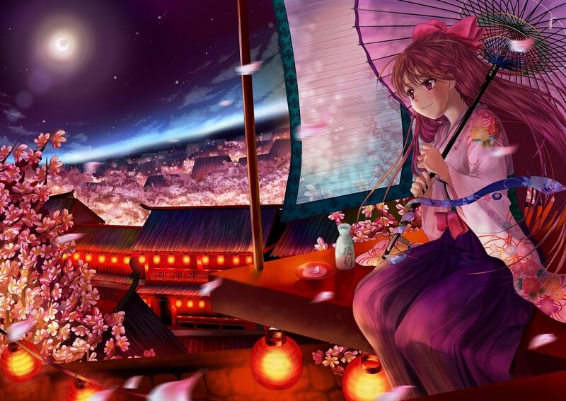 Anime girl with umbrella at night