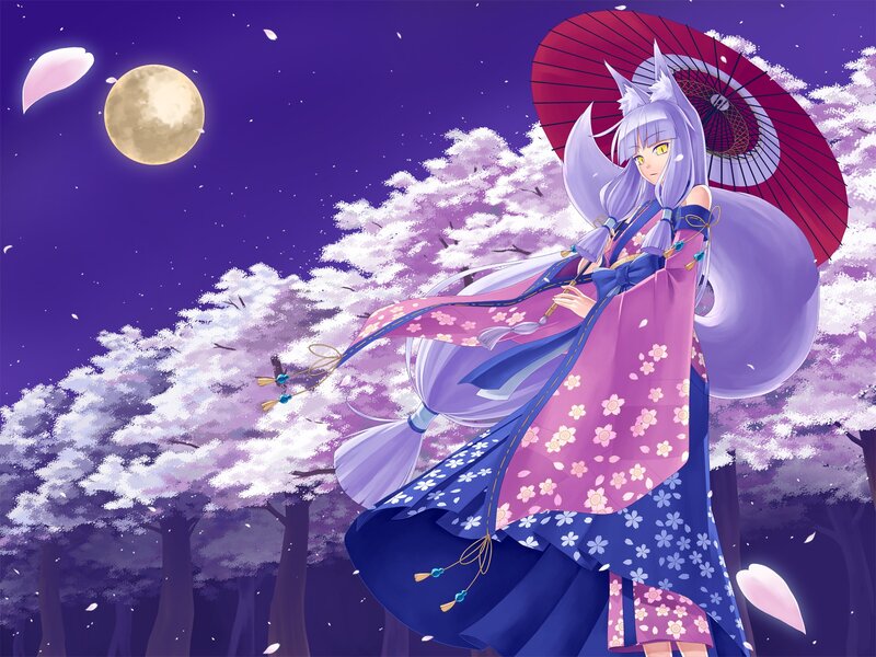 anime girl with umbrella at night