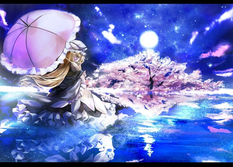 Anime girl with umbrella at night