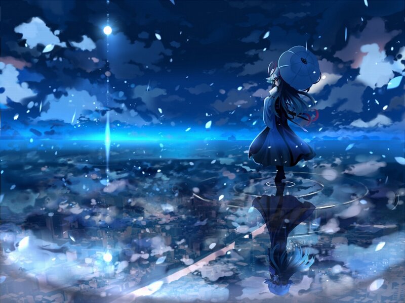 anime girl with umbrella at night
