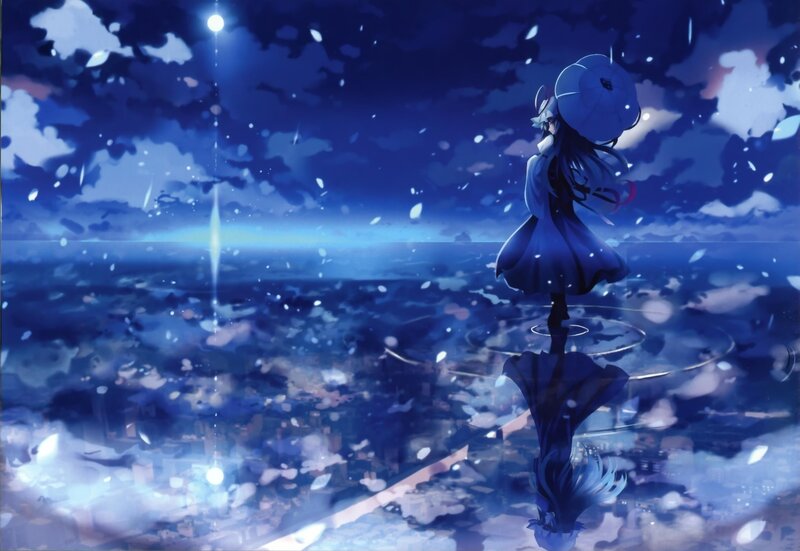 anime girl with umbrella at night