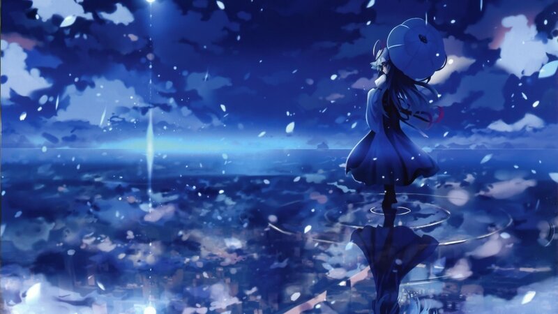 anime girl with umbrella at night
