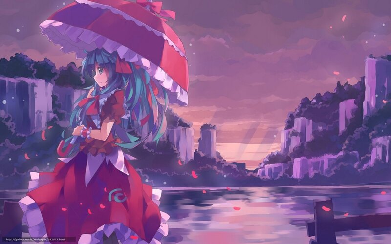 Anime girl with umbrella at sunset