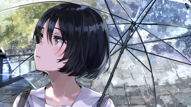 Anime Girl with Umbrella — Black, Calm, Afternoon, Digital Art