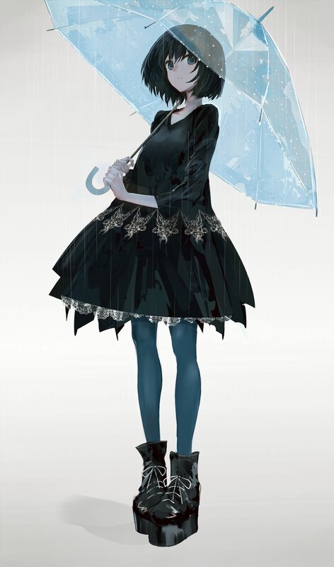 Anime Girl with Umbrella — Black, Calm, Digital Art, Rain