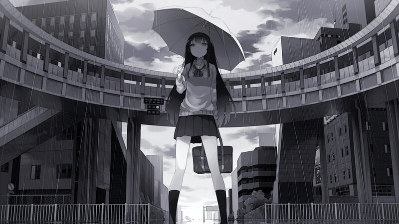 Anime Girl with Umbrella — Black, Dramatic, Afternoon