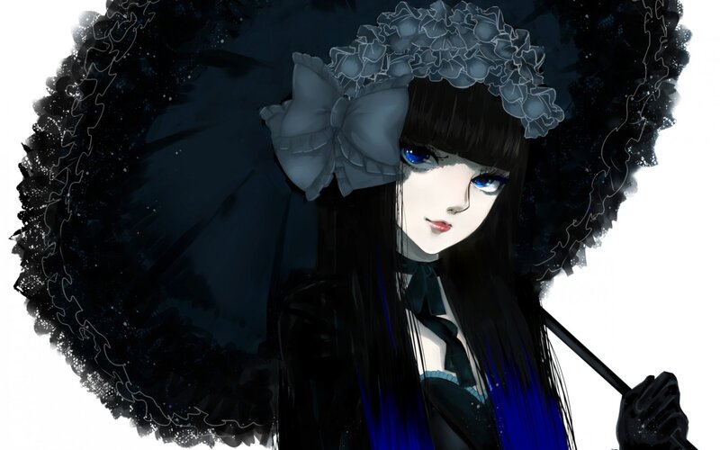 Anime Girl with Umbrella — Black, Dramatic, Digital Art, Bow, Blue Eyes