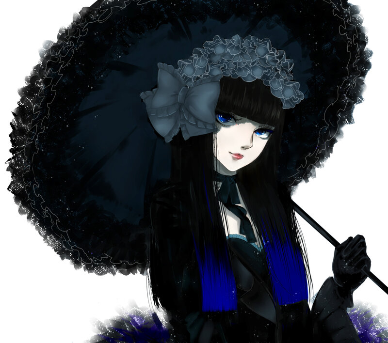 Anime Girl with Umbrella — Black, Dramatic, Digital Art, Bow