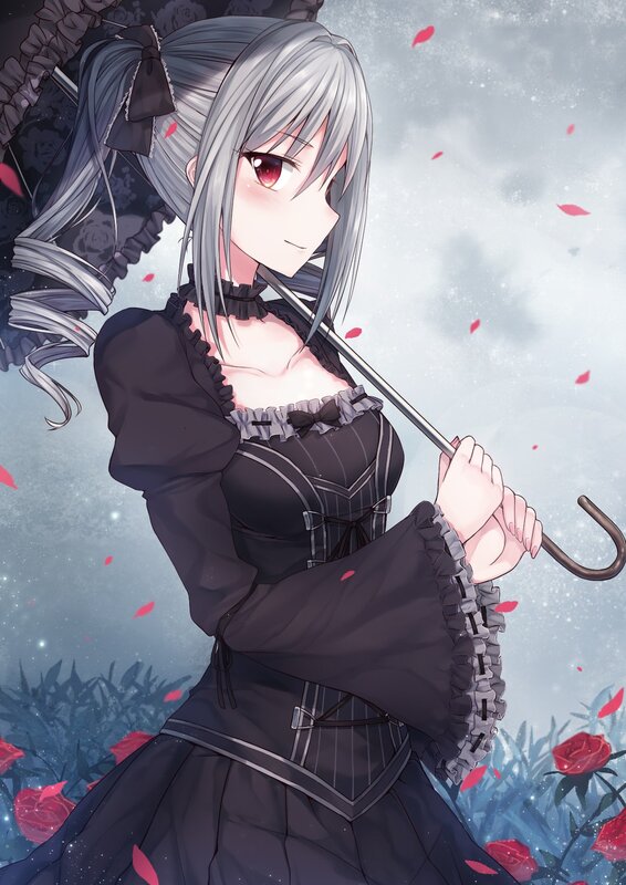 Anime Girl with Umbrella — Black, Dramatic, Digital Art, Rose Petals
