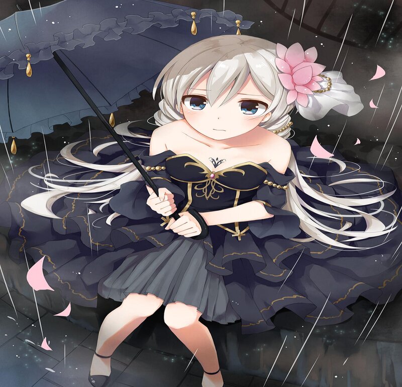 Anime Girl with Umbrella — Black, Dramatic, Night, Digital Art, Flower